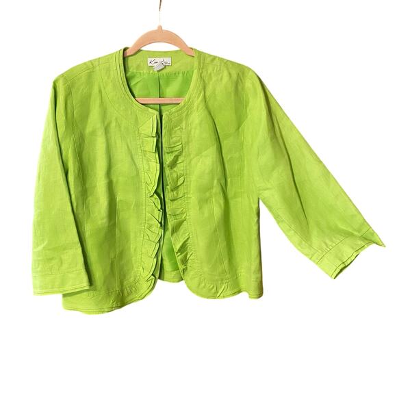 Kim Rogers Petite Linen Jacket P
Medium Green Ruffle Trim Open Front 3/4 Sleeve - Picture 2 of 9